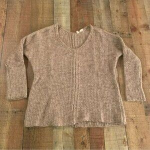 Moth womens cream and tan wool knit long sleeve v-neck sweater -S